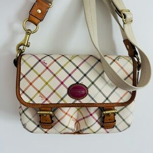 EUC 🤎 Coach Peyton Tattersall Field White Multicolor Plaid Crossbody Bag!